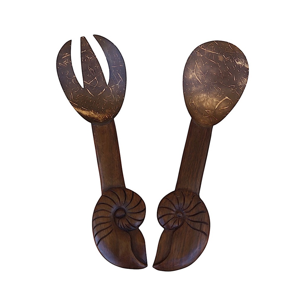 Vintage Wooden Salad Fork & Spoon Hand Carved Sea Shell Handles Server Set